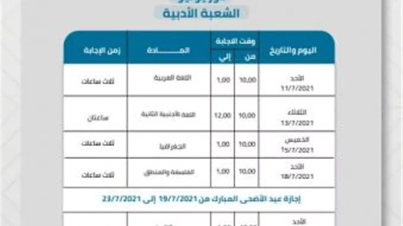 تعرف على جدول امتحانات الثانوية العامة لطلاب أدبى