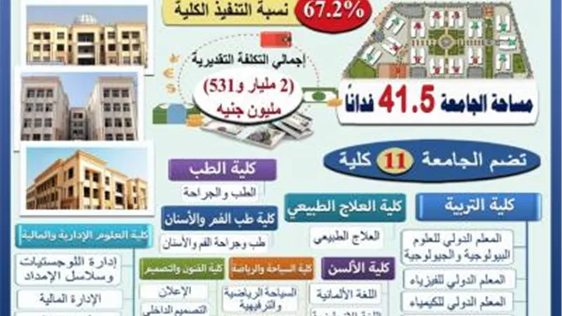 بالإنفوجراف .. تعرف على سير أعمال إنشاءات وتجهيزات جامعة جنوب الوادي الأهلية
