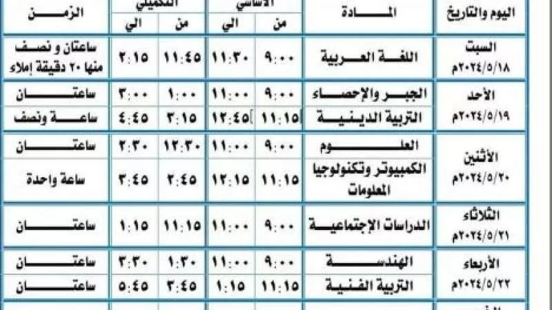 ننشر جدول امتحانات الشهادة الإعدادية 2024 في 5 محافظات