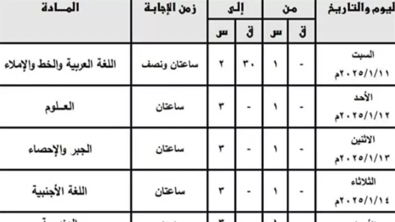 جدول امتحانات الصف الأول والثاني الإعدادي 2025 بمحافظة القليوبية 
