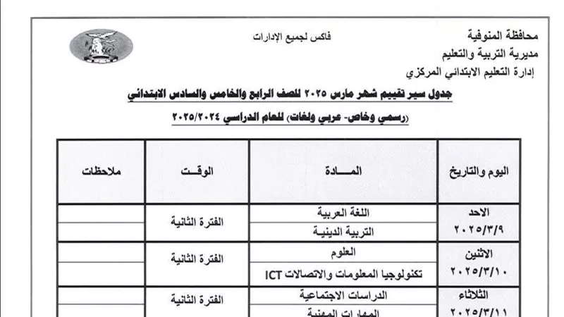 بالصور.. جدول امتحانات شهر مارس 2025 بالمنوفية وسوهاج